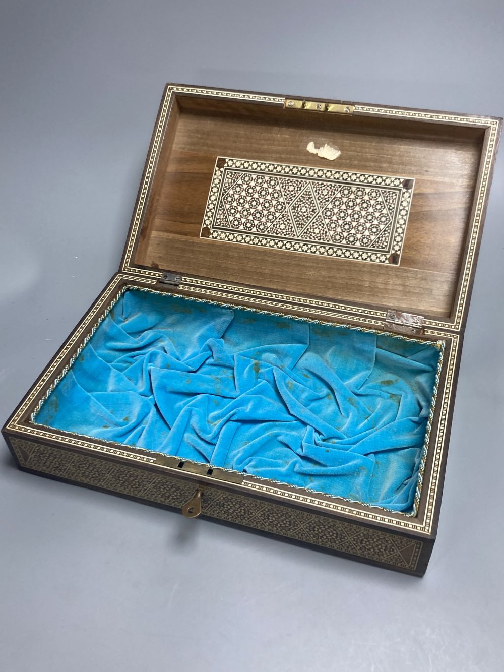 A Middle-Eastern mosaic box inlaid in bone and mother of pearl, 31.5cm and a carved padouk box, 27cm
